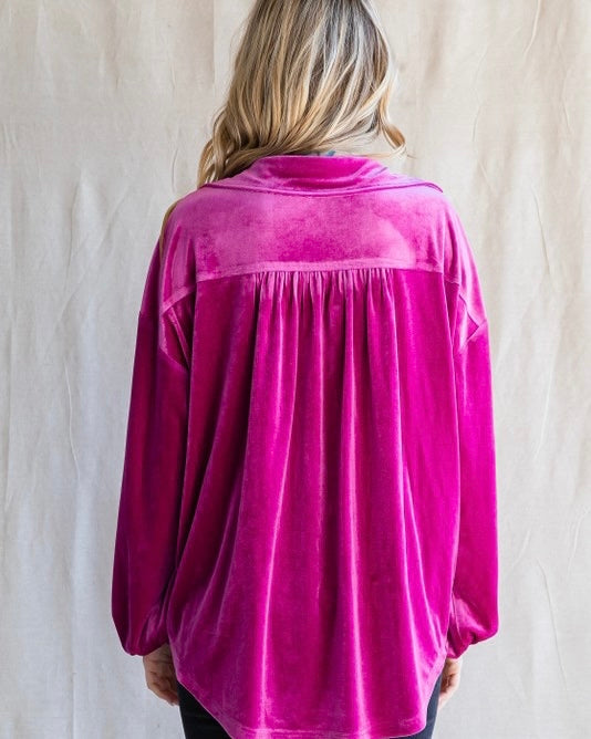 Plus Size Gorgeous Pink Magenta Velvet Button Down Long Bubble Sleeve Top