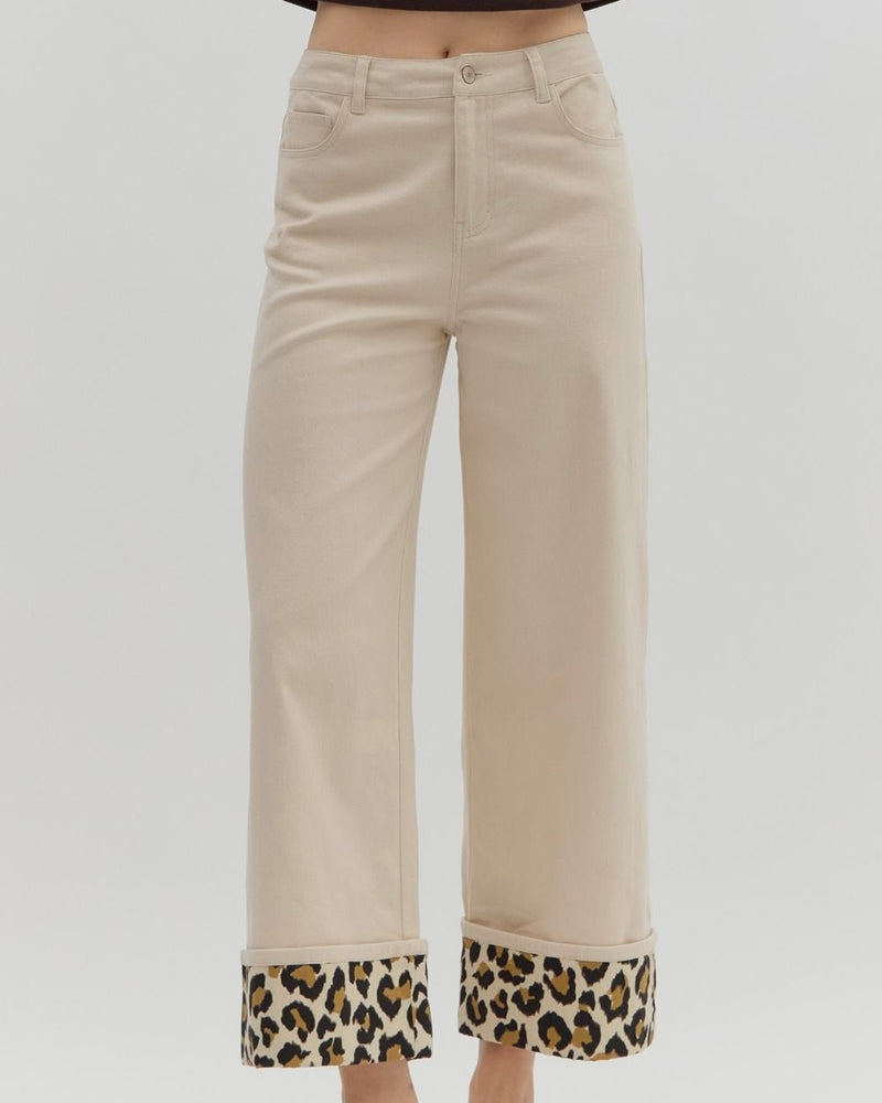 Brown or Khaki Leopard Cuff High Waist Button Fly Wide Leg Pants