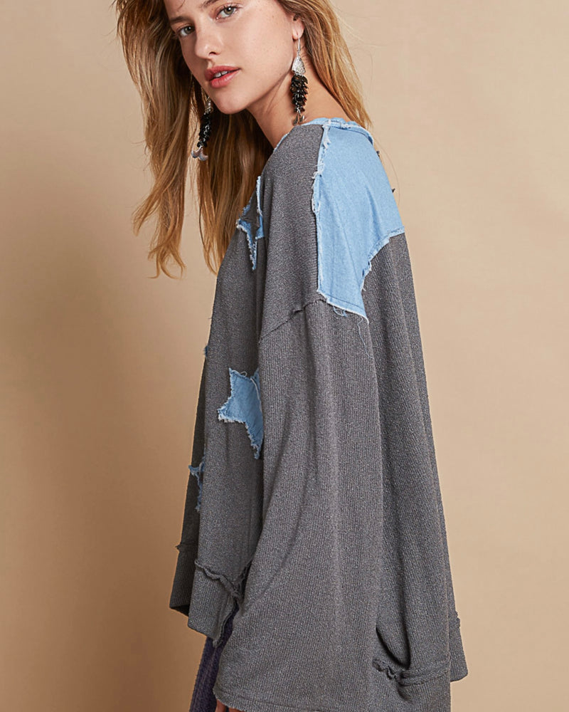 Charcoal & Blue Star Patch Long Sleeve Pullover Top