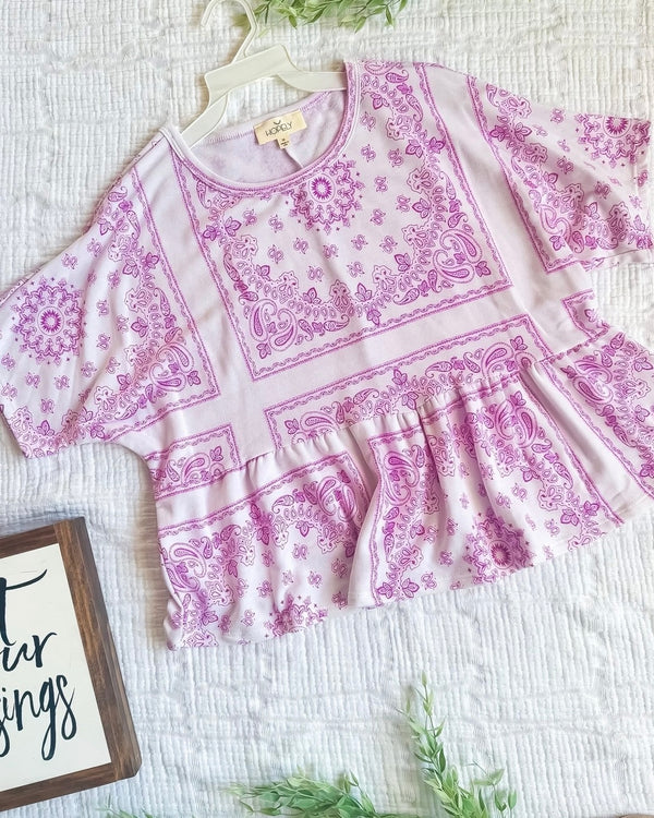 White & Purple Paisley Babydoll Short Sleeve Top