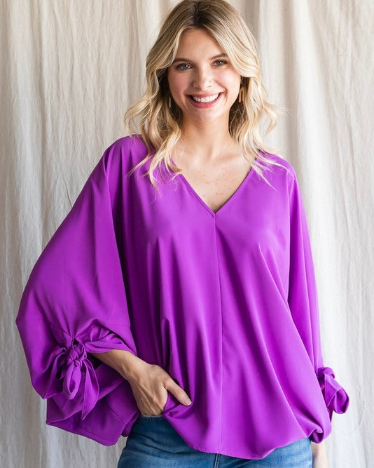 Plus Solid Orchid Purple Draped Bubble Balloon Sleeve Top