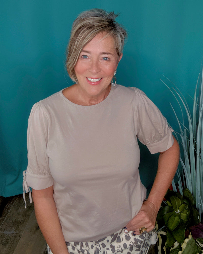 Solid Mocha Neutral Taupe Short Tie Sleeve Cotton Top