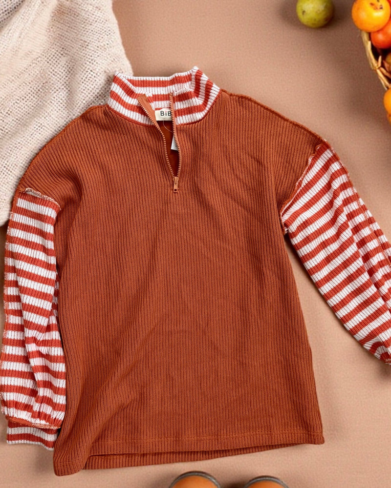 Solid Burnt Orange Contrast Stripe Sleeve Zip Neck Sweater Top