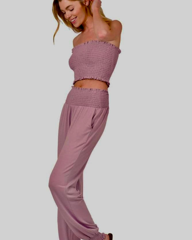 Lilac Purple 2 pc Bandeau Elastic Waist Pant Jogger Lounge Active Set