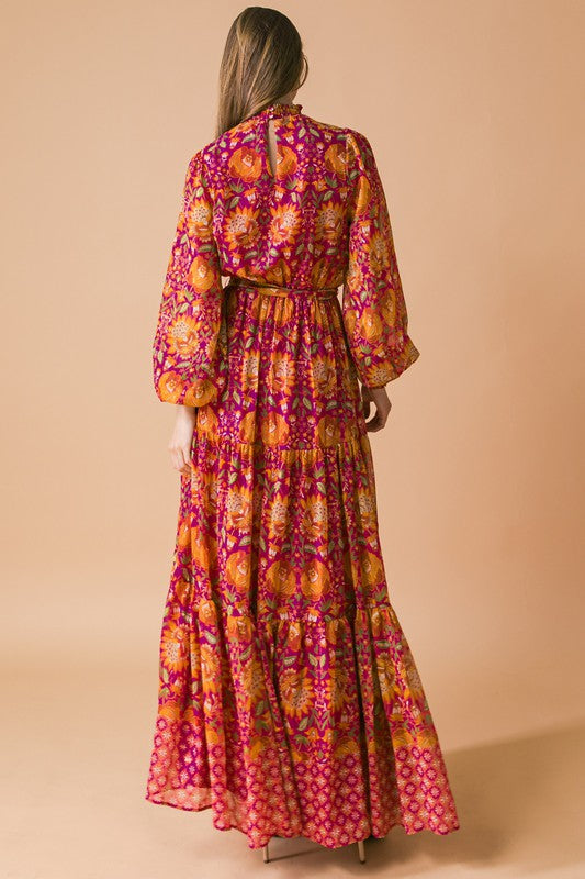 Magenta Orange Mix Floral Print Long Sleeve Maxi Dress