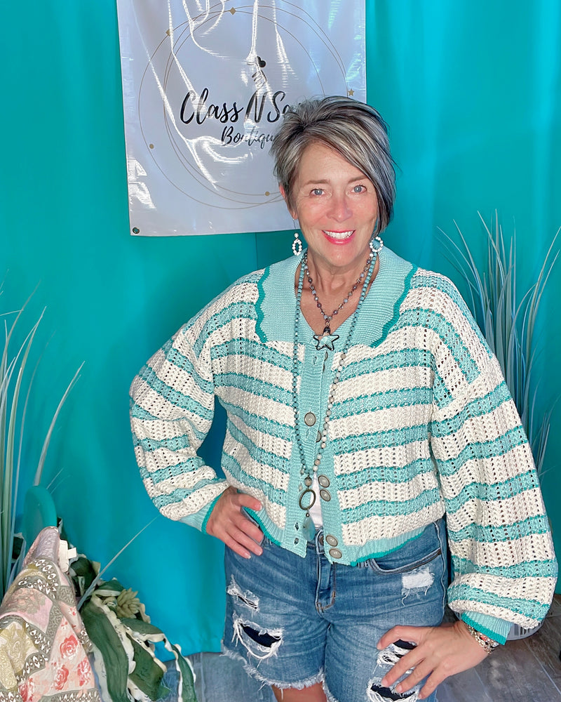 Turquoise Aqua and White Striped Button Down Balloon Long Sleeve Knit Sweater Top