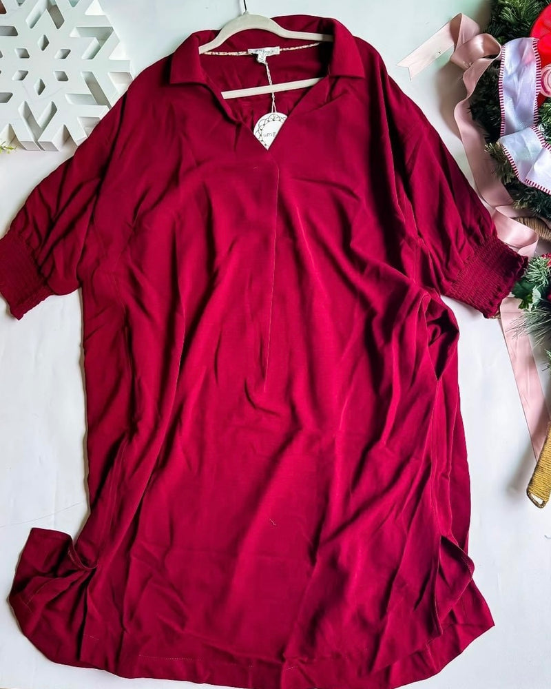 Plus Size Red Burgandy Wine Open Neck Elbow Smock Sleeve Pocket Tunic Dress