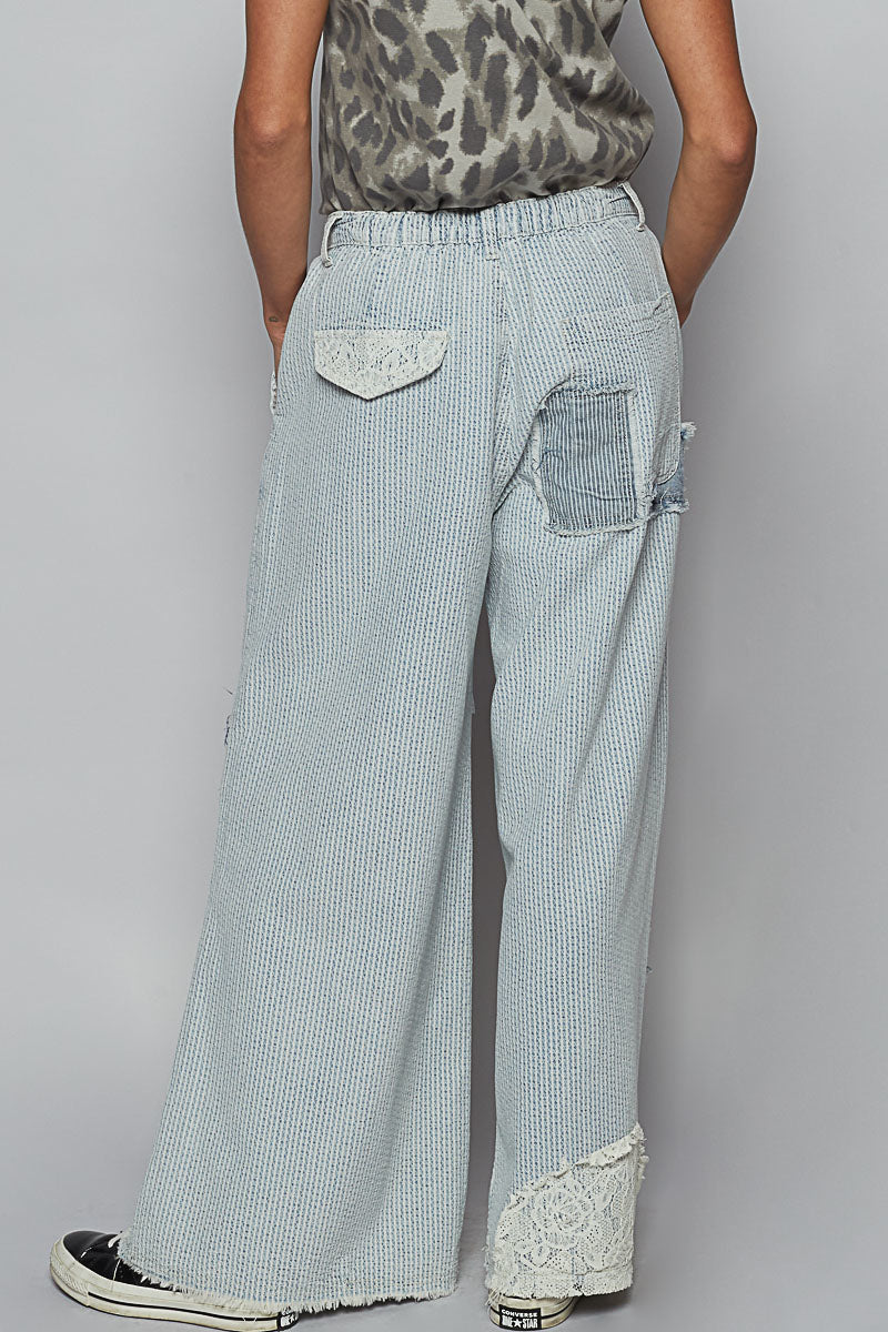 Roomy Light Striped Denim Patch Lace Button Detail Pant
