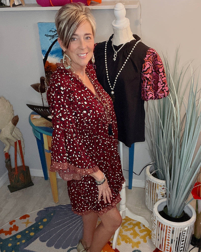 Burgandy Wine Bell Sleeve Petite Floral Front Tie Dress