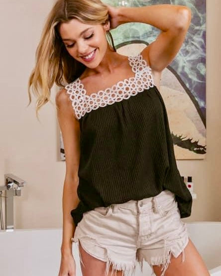 Black Waffle Tank Top with White Lace Sleeve Straps