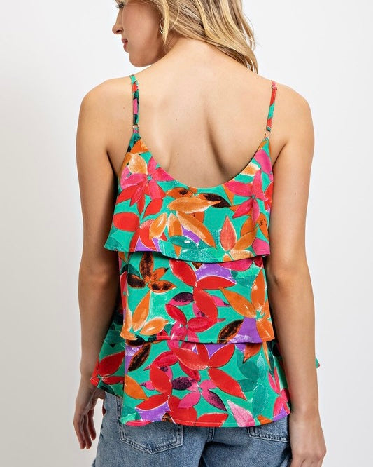 Plus Size Green Multicolor Tiered Spaghetti Strap Tank Top
