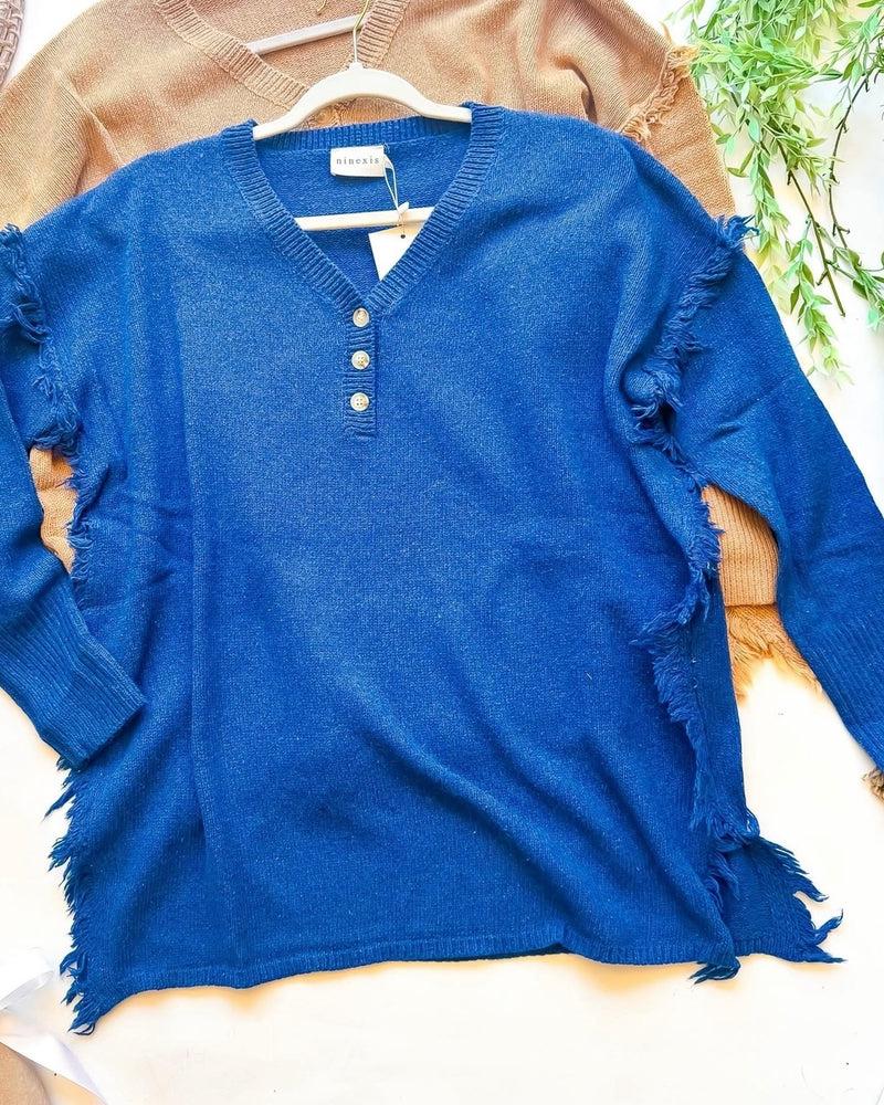 DOOR BUSTER Deep Solid Blue or Khaki Tan Fringe Shoulder Button Neck Long Sleeve Sweater Knit Top