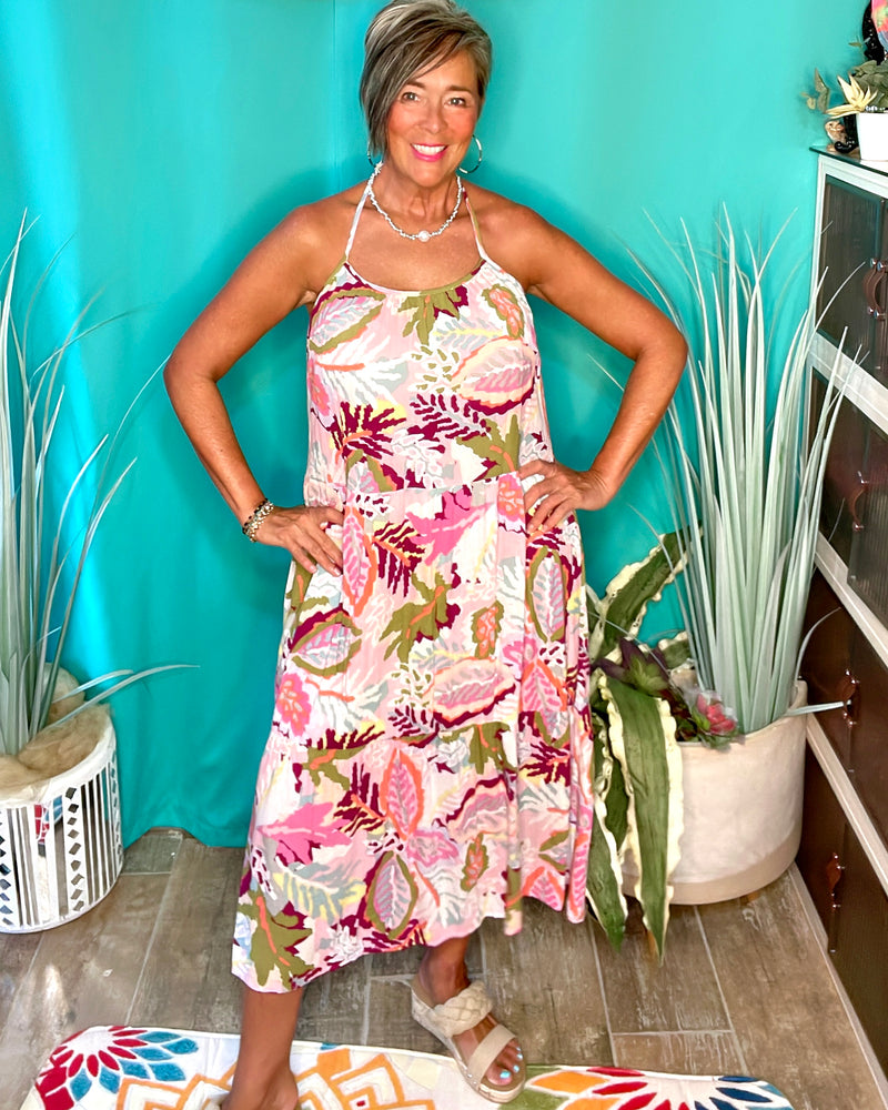 Pink Tone Tropical Print Sleeveless MIDI Sundress