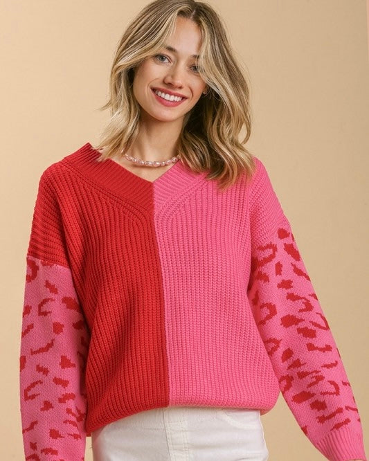 Two Tone Red & Pink Color Block VNeck Knit Leopard Print Sleeve Pullover Sweater