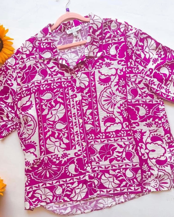 Magenta & White Floral Print Short Sleeve Button Down Top