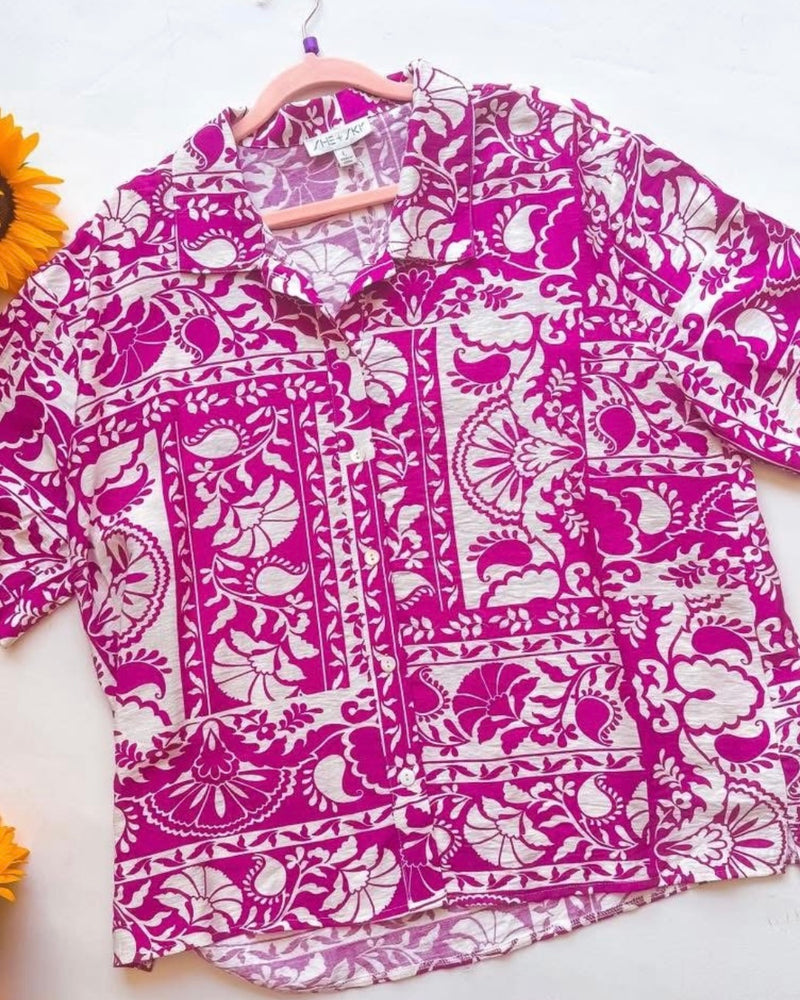 Magenta & White Floral Print Short Sleeve Button Down Top