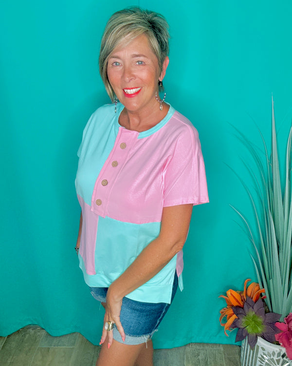 Mint Blue & Pink Color Block Button Front Short Sleeve T-Shirt Cotton Top