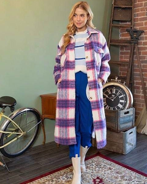 Purple, Blue & White Plaid Duster Long Wool Flannel Open Front Coat Shacket