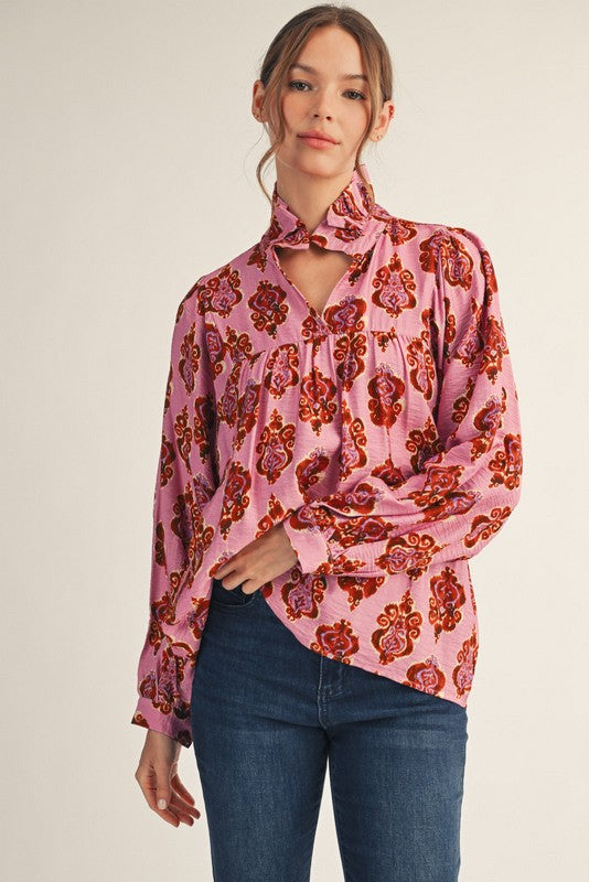 Eggplant & Orange Damask Print Long Sleeve Hi Ruffle Neck Tie Top