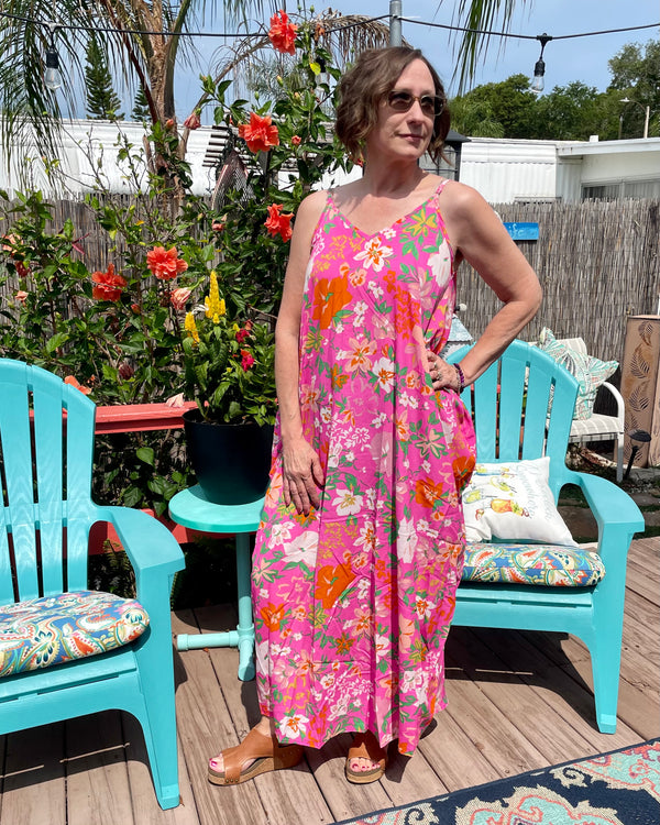 Pink Floral Spaghetti Strap Sleeveless Maxi Sundress