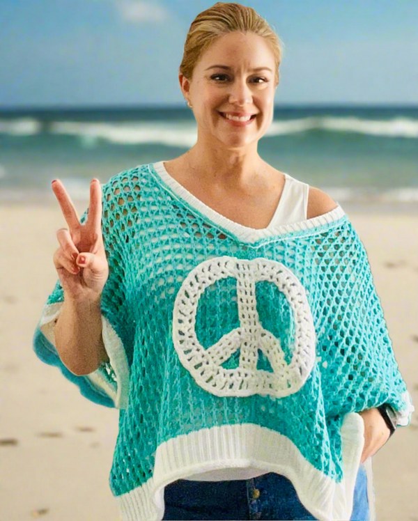 Turquoise & White Peace Short Sleeve Hollow Out Top