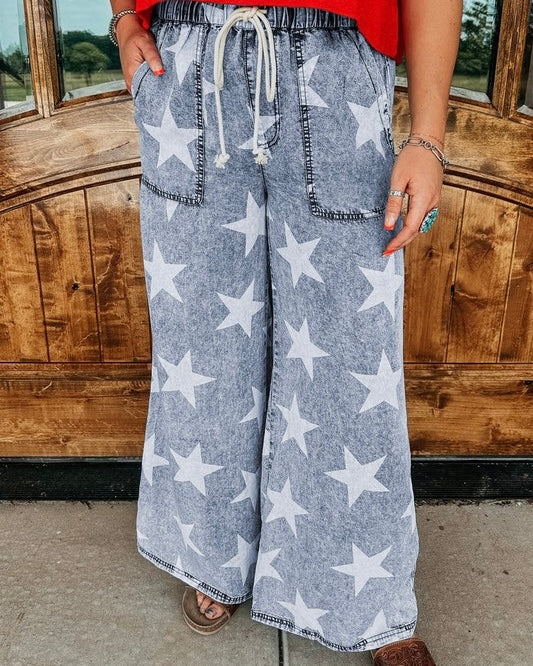 Lightweight Blue Denim Star Print Wide Leg High Waist Drawstring Jean Pant
