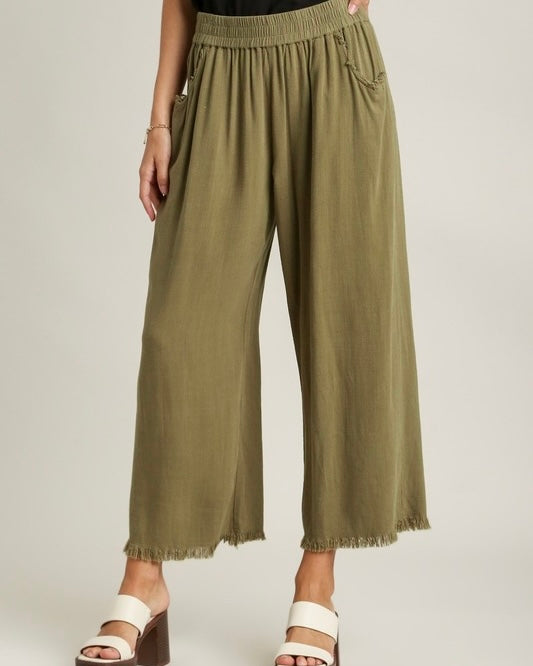 Lilac Pink, Olive Green or White Cotton & Linen Blend Frayed Edge Detail Wide Leg Pocket Pants