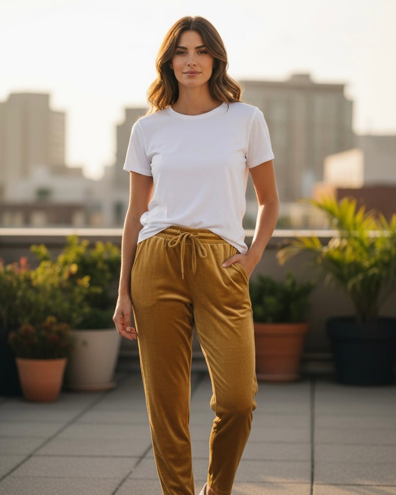 Velvet Pocket Cuff Ankle Elastic Waist Jogger Pants