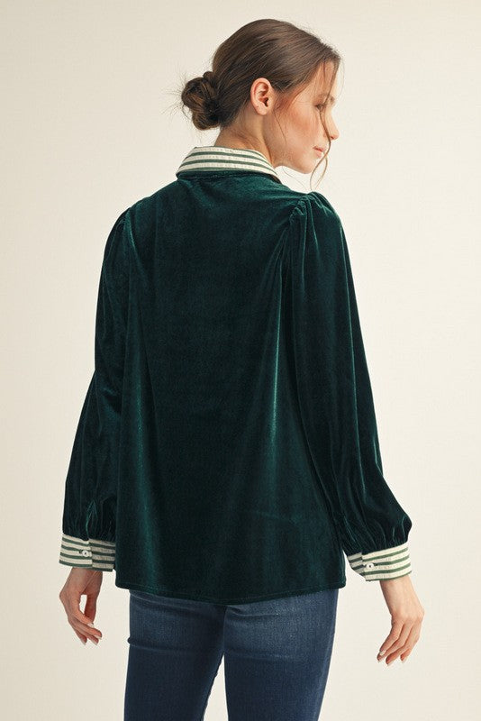 Garnet Red or Emerald Green Velvet Button Down Long Sleeve Contrast Stripe Top
