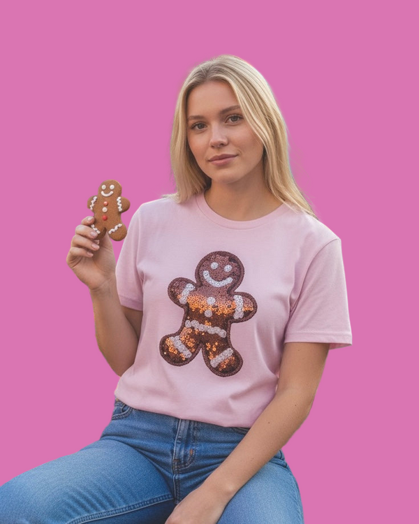 Pink Gingerbread or Tan Rudolph Screen Printed Christmas Short Sleeve Tshirt Tee Top