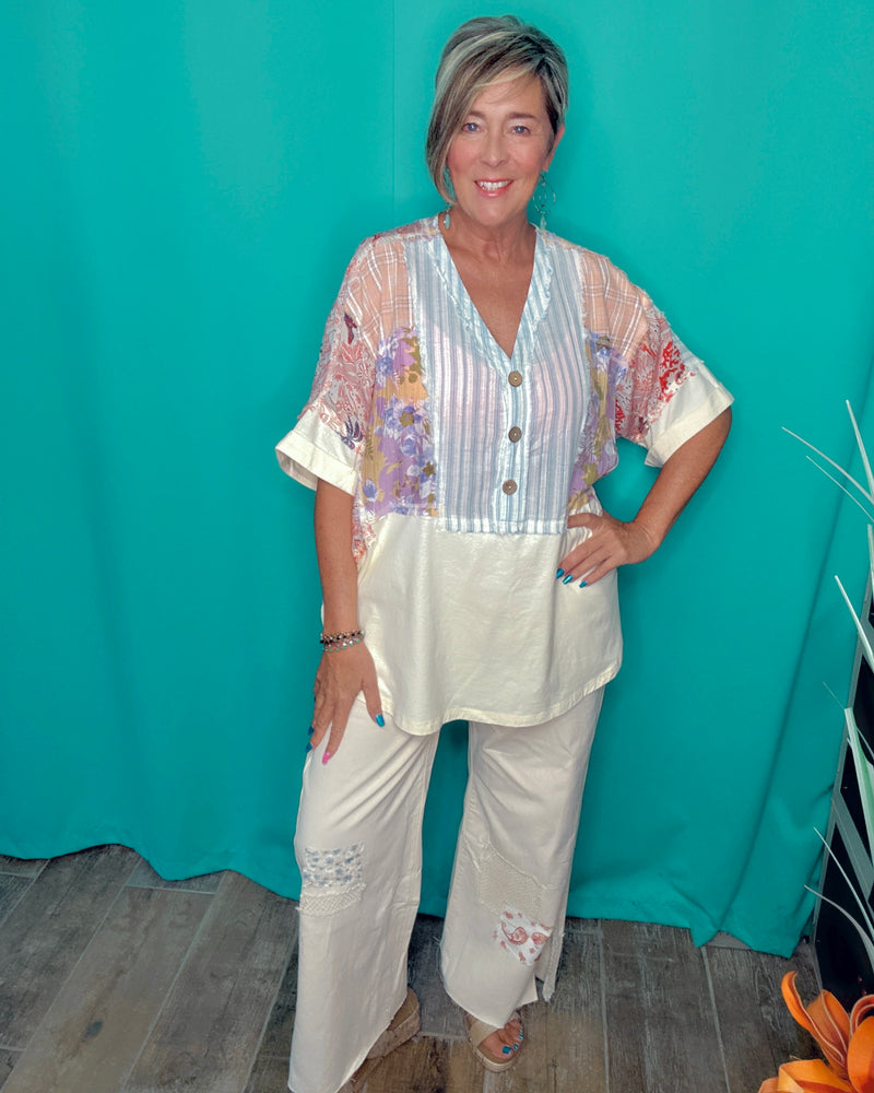 Boho Cream Mix Media Patch Short Roll Cuff Button Front Top
