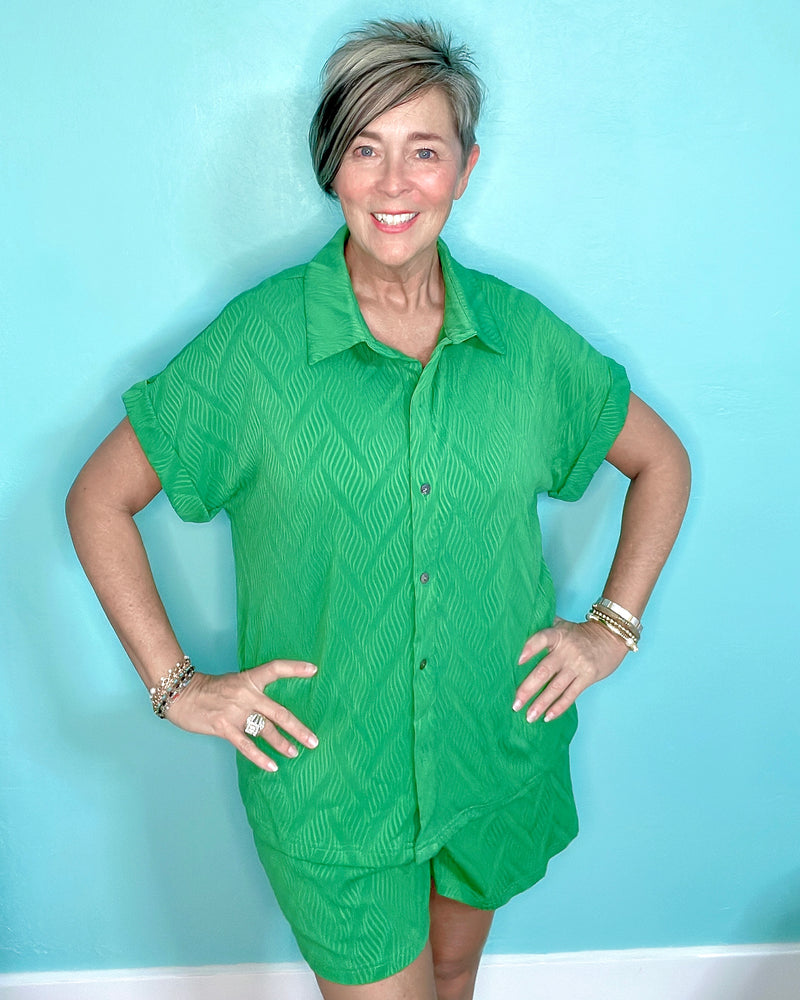 2 pc Bright Green Textured Button Down Top and Short Set