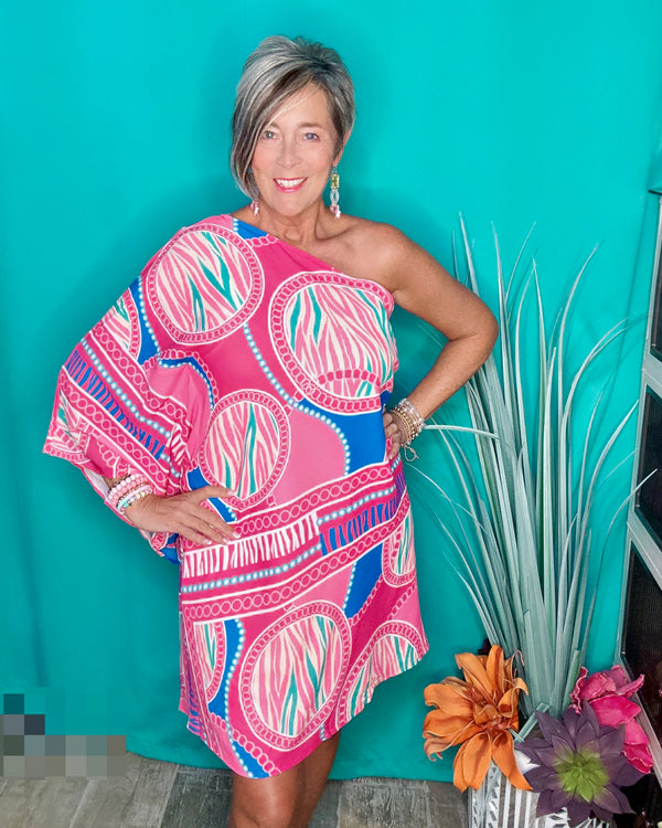 Pink Tropical Graphic Print One Shoulder Sleeve dress
