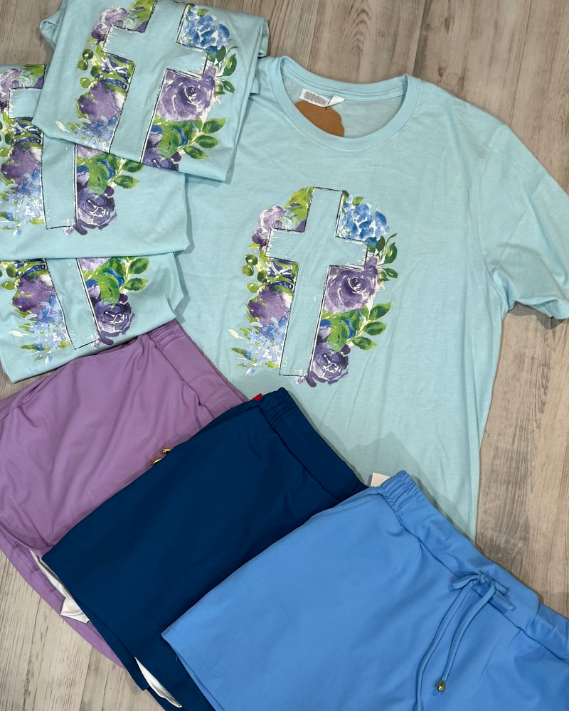 Blue Floral Cross Short Sleeve Graphic T-Shirt Top
