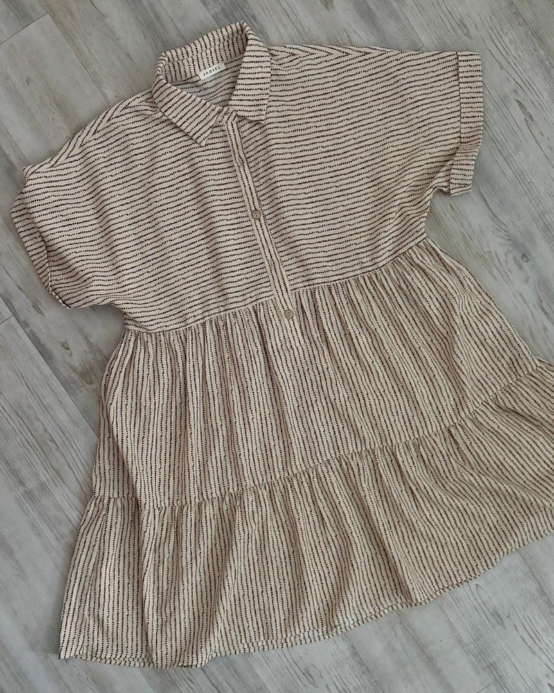 Tan & Brown Striped Ruffle Tier Short Sleeve Button Neck Collar Dress