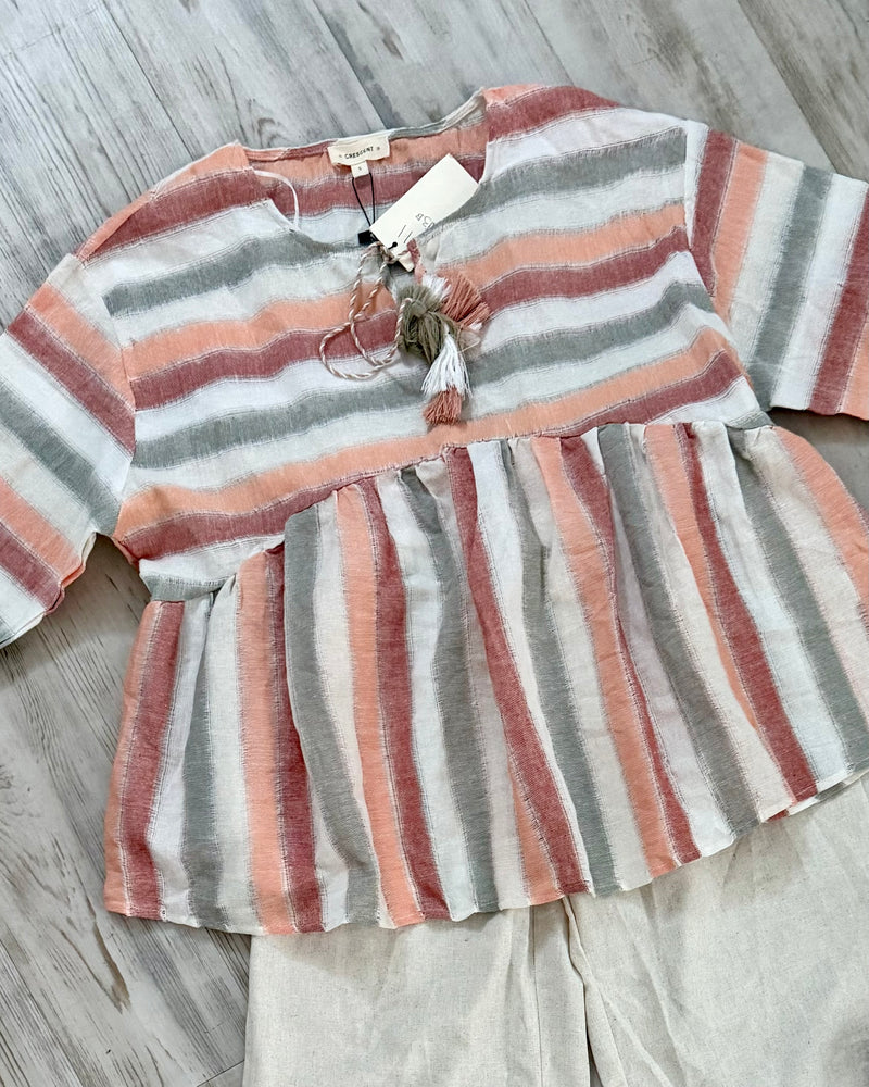 Vertical Peach & Cream Striped Cotton 3/4 Puff Sleeve Babydoll Drawstring Neck Style Top