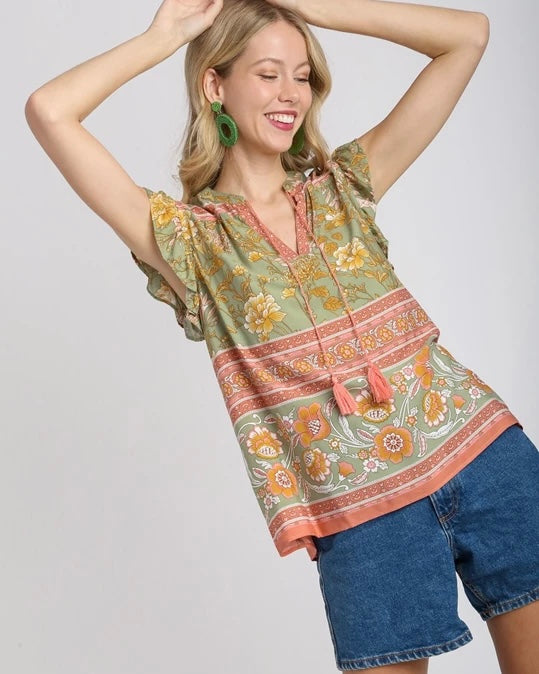 Sage Green, Orange, Blue or Purple Boho Mix Border Print Short Ruffle Cap Sleeve Front Tassel Split Neck Top