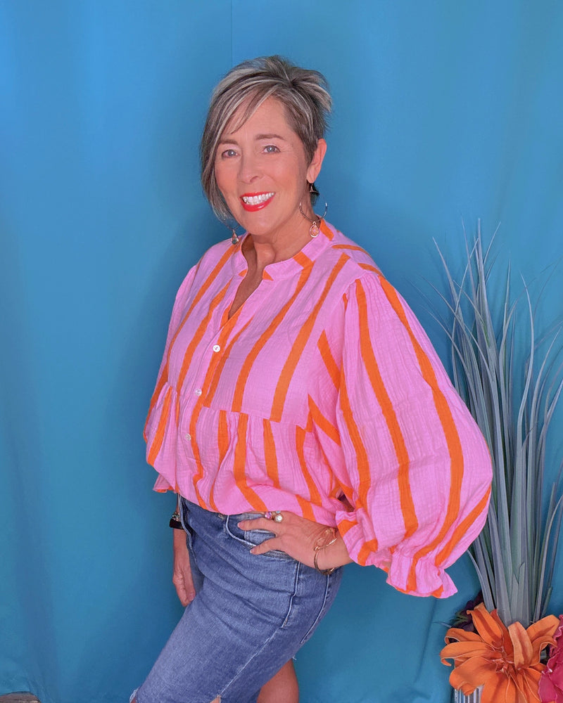 Pink w/Orange Stripe Long Balloon Sleeve Button Down Blouse