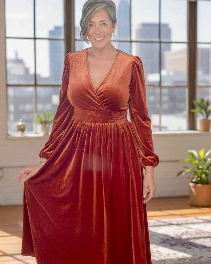 Spice Rust Velvet Elastic Waist Long Sleeve Midi Snap VNeck Dress
