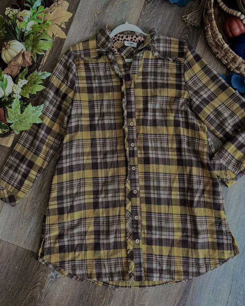 Brown Plaid Flannel Button Down Frayed Yoke Edge Pocket Swing Long Sleeve Shirt Dress