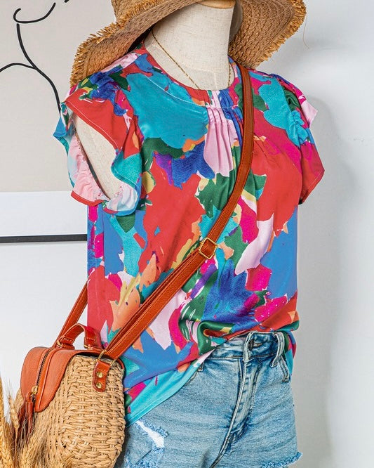 Blue & Red Multicolor Abstract Flutter Cap Sleeve Blouse