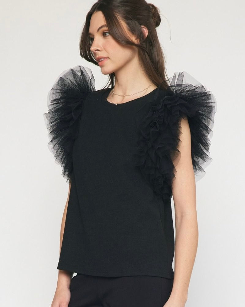 Black Top with Tulle Ruffle Cap Sleeves