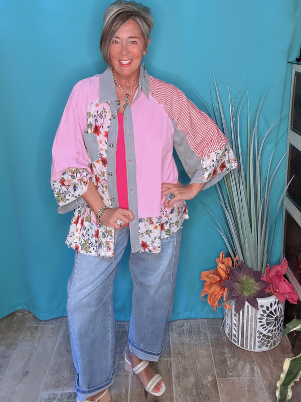Cotton Boho Pink, Red & Orange Mix Media Block Button Down 3/4 Wide Sleeve Collared Raglan Shoulder Fray Edge Oversize Top