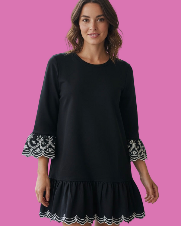 Solid Black with White Stitch Detail Long Ruffle Sleeve Round Neck Ruffle Hem Dress