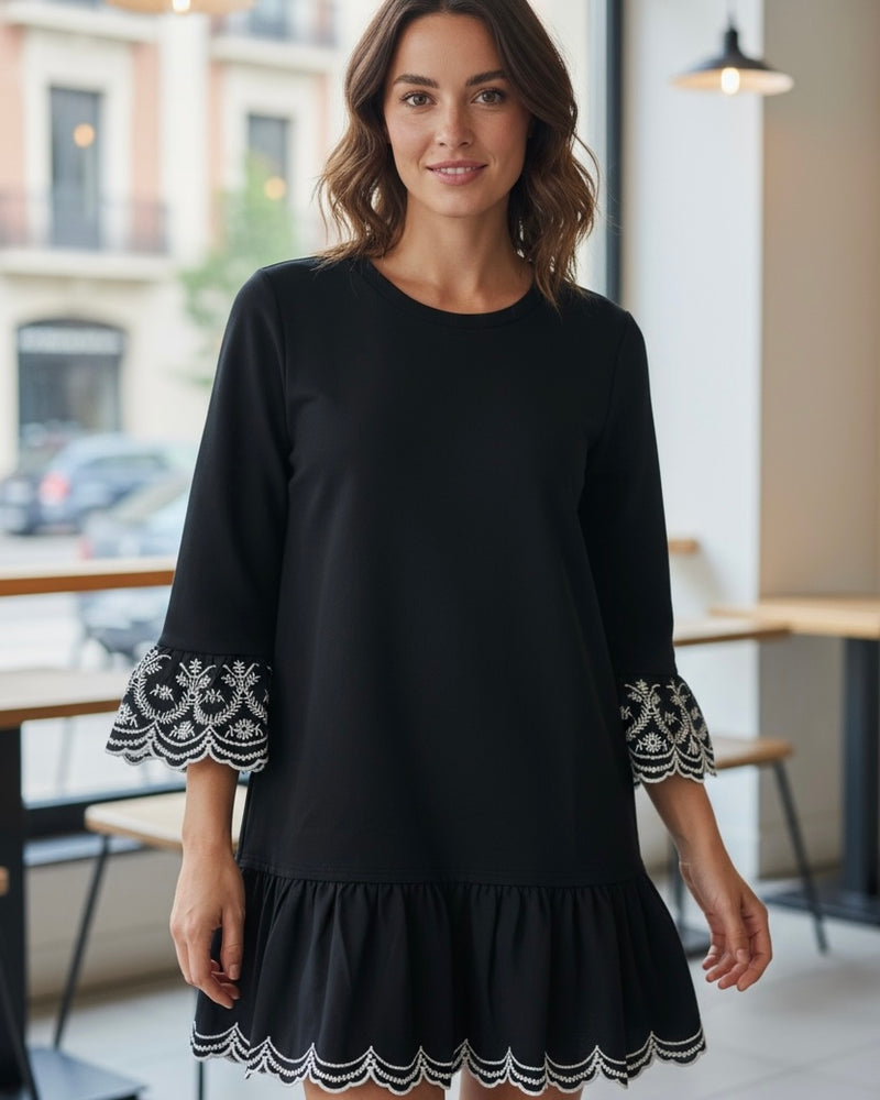 Solid Black with White Stitch Detail Long Ruffle Sleeve Round Neck Ruffle Hem Dress