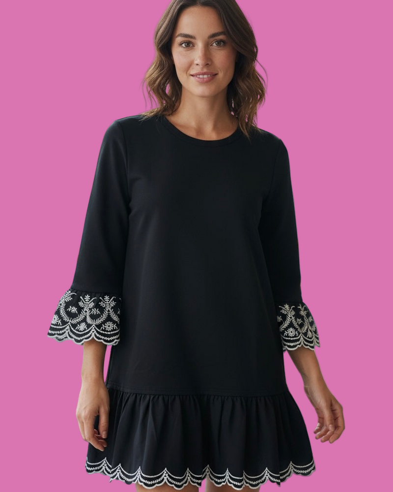 Solid Black with White Stitch Detail Long Ruffle Sleeve Round Neck Ruffle Hem Dress