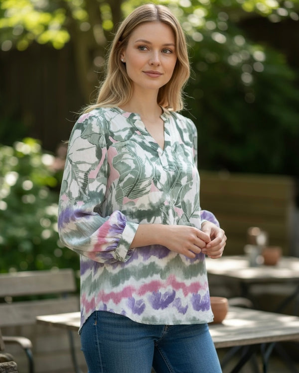 Sage Green Mixed Abstract Print 3/4 Sleeve Open Neck Top