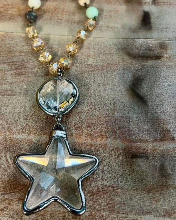 Crystal Star Pendant Necklace on Vintage Style Link Chain with Neutral Color Beads
