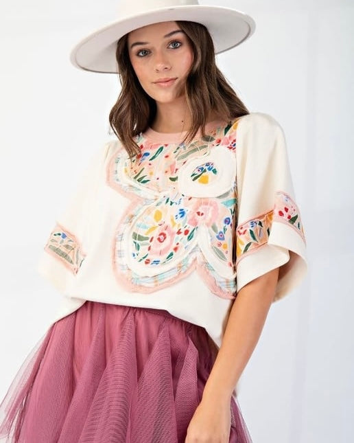 Plus Size Boho Cream & Multi Flower Patch Short Drop Shoulder Sleeve Top