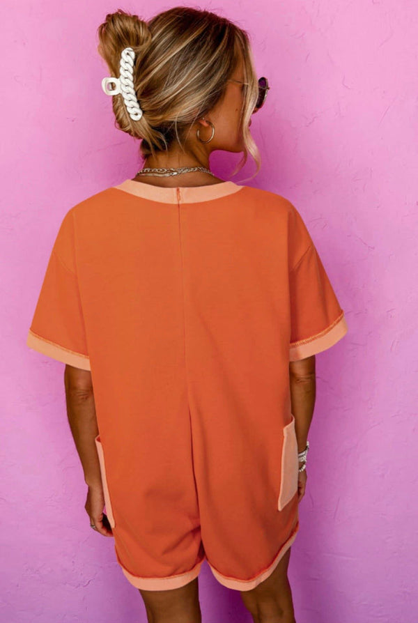 Orange Two Tone Short Sleeve VNeck Pocket Loose Romper Short Lounger